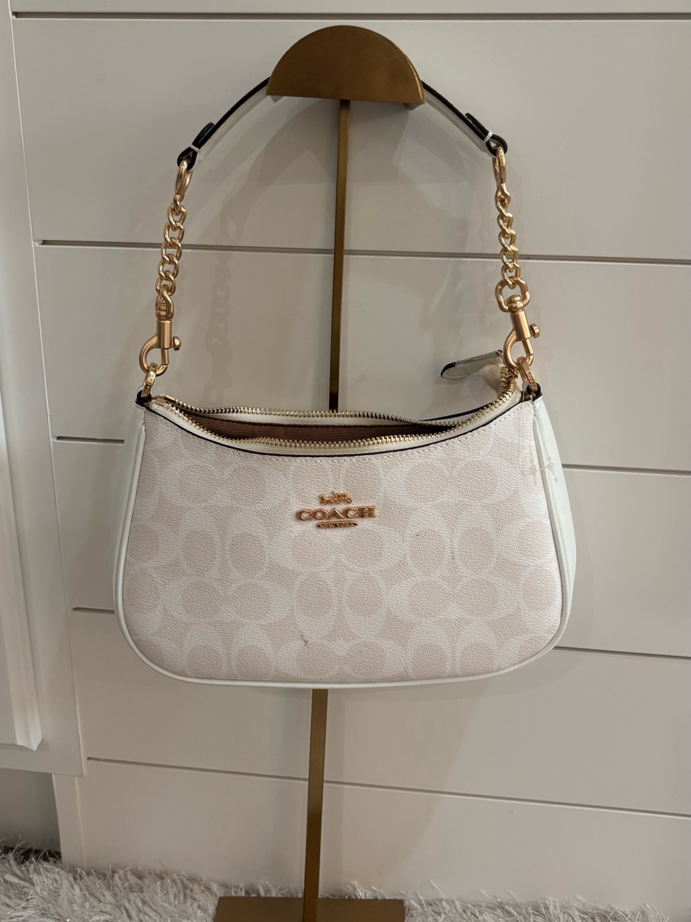 Coach Cream Signature Shoulder Bag with Gold Chain
